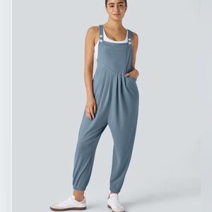 NEW Halara Jogger Overalls Blue Size LARGE Waffle Knit Pockets Pleated Front